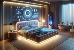 Generate a highly detailed, high-definition image illustrating the concept of improving sleep through innovative technology. The scene should show a peaceful bedroom with a futuristic smart bed. The bed incorporates cutting-edge features like automatic temperature control, light therapy, and white noise generators. On the bedside table, there's a wearable sleep tracker and a smart alarm clock that adjusts based on sleep cycles. The room is dimly lit with soft, sleep-enhancing colors, creating a tranquil atmosphere optimal for rest.