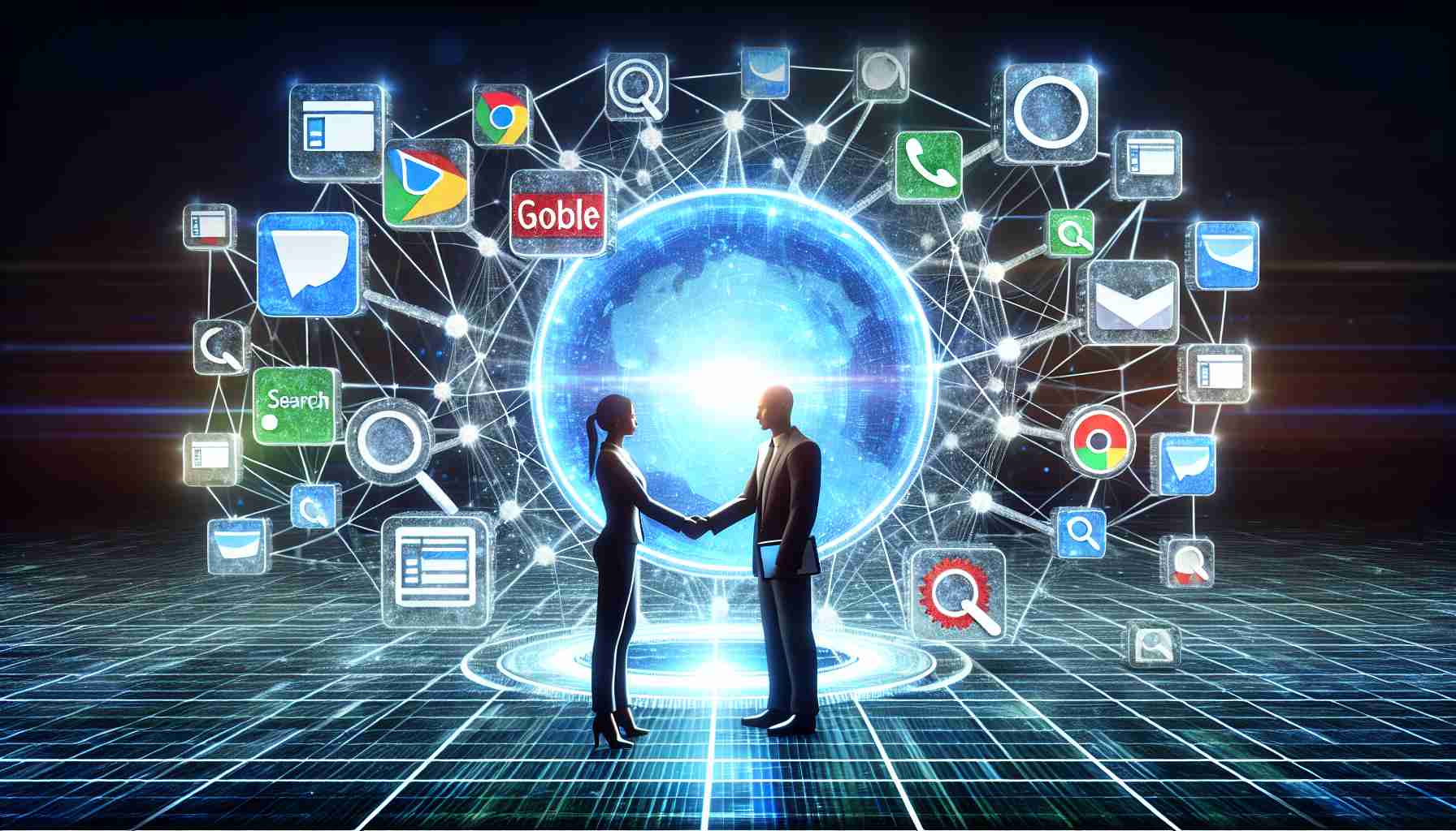 A high-definition, realistic image featuring an abstract concept of enhancing online search competition. This could depict a digital screen surrounded by various search engine icons, each connected to a central point, like they are all competing for attention. There might also be two individuals shaking hands in front of this digital display - as a sign of agreement on the proposal, one a South Asian woman and the other a Middle-Eastern man for diversity representation.