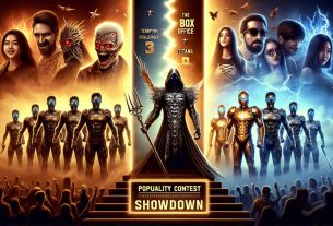 Create a realistic, high-definition image that depicts a conceptual poster of a popularity contest. On one side, show a fearsome figure labeled as 'Terrifying Challenger 3', embodying elements like dark shadows, eerie lighting, and intense expressions. On the other side, show a group of powerful figures labeled as 'The Box Office Titans', represented with gleaming armor, radiant light, and confident postures. Ensure both sides exude a powerful aura, symbolizing their respective strengths. The background should be split to showcase the distinct atmospheres of both camps. Remember to add a title in bold letters at the top that says 'Popularity Contest Showdown'.