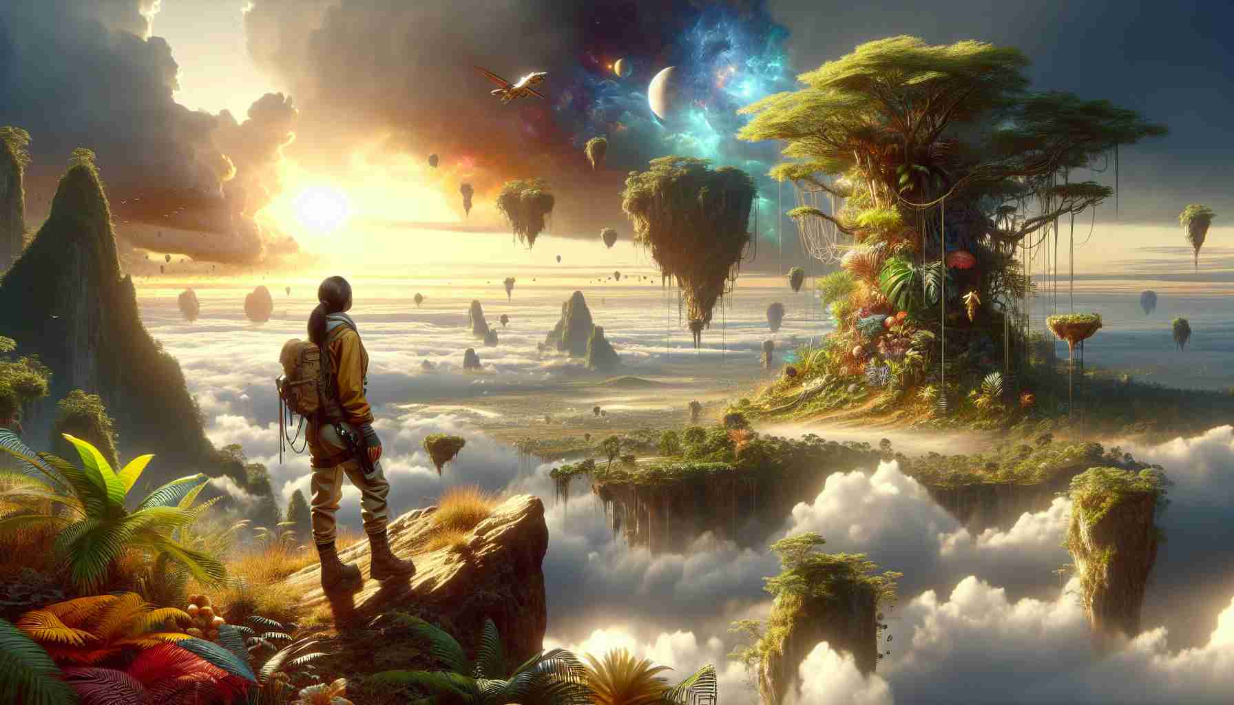 A highly detailed, high-definition visualization of the concept of 'Discovering New Realms'. Picture an explorer, a South Asian woman in practical adventuring clothes, standing on a high promontory, gazing out into the vast distance. The landscape before her is rich and strange, with floating islands, exotic foliage, and strange new species of animals. The sky is filled with an unusual, mesmerizing mix of colors hinting at the alien nature of this new realm. The woman's expression is one of excitement, awe and, determination, evoking powerful emotions of discovery and exploration.