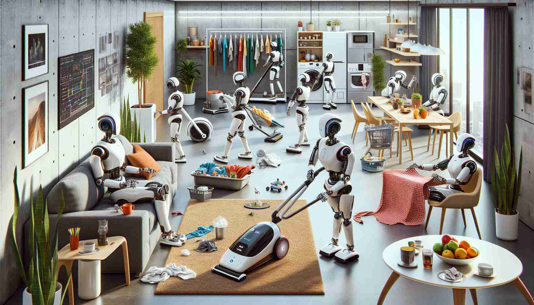 A highly detailed and realistic image of innovative robots, transforming the way household chores are performed. The scene depicts a group of diverse robots: one robot is vacuuming the living room carpet, another is folding laundry with precision, and a third is washing dishes meticulously. Additionally, there's a robot tending to indoor plants by watering them and another robot preparing meals in the kitchen. The robots are sleek and modern in design, implying a significant technological advancement in the field of robotics. Some are human-like in appearance while others have a more functional, machine-like aesthetic, all of them working harmoniously to make home maintenance more efficient.