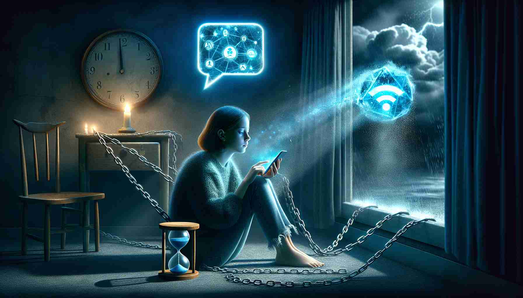 Realistic HD image visualizing the impact of social media on teen mental health. Include a metaphorical representation of a Caucasian female teenager sitting in a dimly lit room, engrossed in her smartphone. Next to her, illustrate the symbol of social media - a speech bubble with interconnected chains. This bubble is radiating a bright, blue light, contrasting with the room's ambience. In the corner of the room, show an hourglass, signifying the passage of time. Flanking the opposite corner, manifest expressions of anxiety and stress through stormy weather outside a window. For the background, show omnipresent chains binding her, signifying the metaphorical influence and restriction social media can impose.