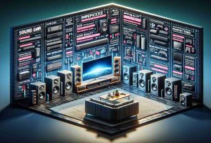 Produce an ultra high-definition image demonstrating a guide on how to select the impeccable soundbar for your home entertainment system. The scene should depict several sound bars of different shapes, sizes, and brands arrayed in a well-organized and visually pleasing manner. Include visual indicators highlighting key features to consider, such as size, audio quality, brand reputation, and price. Additionally, the home entertainment system should be diverse showcasing a TV set, gaming console, and a comfy seating area. Visual tips and suggestions should be legible, in a font and color that stands out against the background.