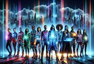 Generate a HD, realistic image representing the theme 'Rise of Futuristic Data Protectors'. It should depict an eclectic group of data protectors, each of different racial descents - Caucasian, Hispanic, Black, Middle-Eastern, and South Asian. They should dressed in futuristic garments, each equipped with advanced tech gadgets symbolizing digital security measures. Vibrant neon lines and holographic interfaces can be added to reflect the advanced technological era they belong to. The backdrop should be a grand cityscape shown in darkness, illuminated by radiant beams of information flowing from towering data centers into the cloud-streaked sky.