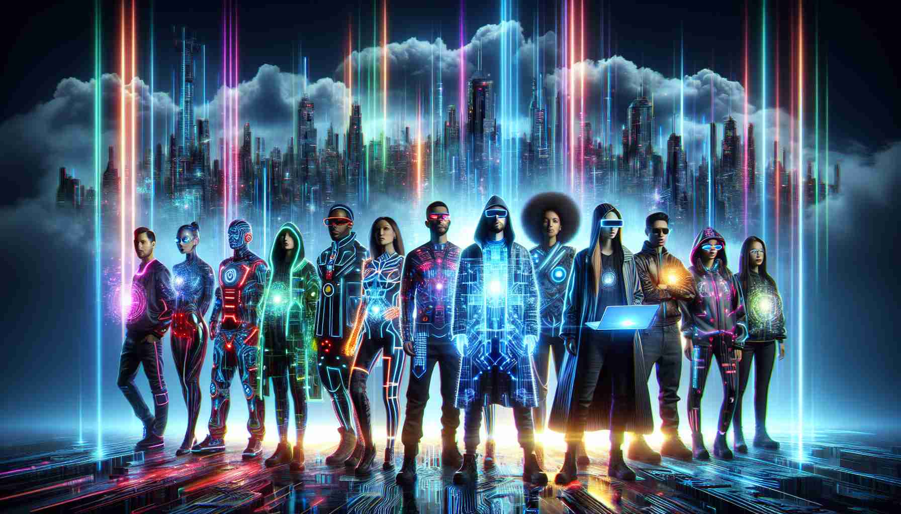 Generate a HD, realistic image representing the theme 'Rise of Futuristic Data Protectors'. It should depict an eclectic group of data protectors, each of different racial descents - Caucasian, Hispanic, Black, Middle-Eastern, and South Asian. They should dressed in futuristic garments, each equipped with advanced tech gadgets symbolizing digital security measures. Vibrant neon lines and holographic interfaces can be added to reflect the advanced technological era they belong to. The backdrop should be a grand cityscape shown in darkness, illuminated by radiant beams of information flowing from towering data centers into the cloud-streaked sky.