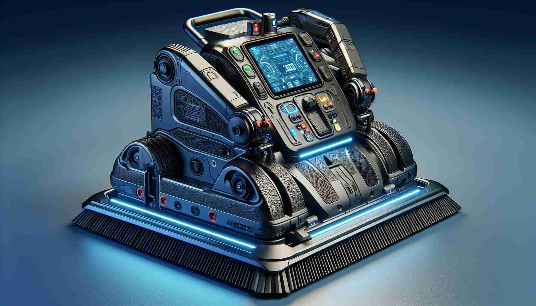 A high definition, realistic image of an innovative, cutting-edge floor cleaning machine. This technology, known as the CleanSweep 3000, represents a revolution in cleaning methods. It features futuristic design elements and advanced features that highlight its superior functionality.