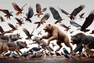 A realistic and high-definition image depicting an exciting encounter between a group of wild animals such as wolves, bears, or tigers and a flock of feathered creatures, possibly comprising of eagles, sparrows or herons. There should be a sense of tension and unpredictability in the scene, with each group exhibiting its unique characteristics and strengths in this thrilling face-off in the heart of nature.