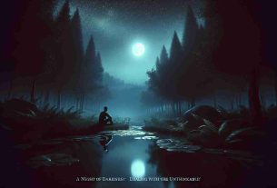 A realistic high-definition picture capturing a scene depicting 'A Night of Darkness: Dealing with the Unthinkable'. This could show a person in deep thought, lit only by the light of a distant moon, seated beside a still pond under a sky full of stars. They might be surrounded by the deep shadows of a dense forest, punctuated with the sounds of nocturnal animals. This should illustrate the theme of darkness, contemplation, and the struggle of dealing with unthinkable situations.