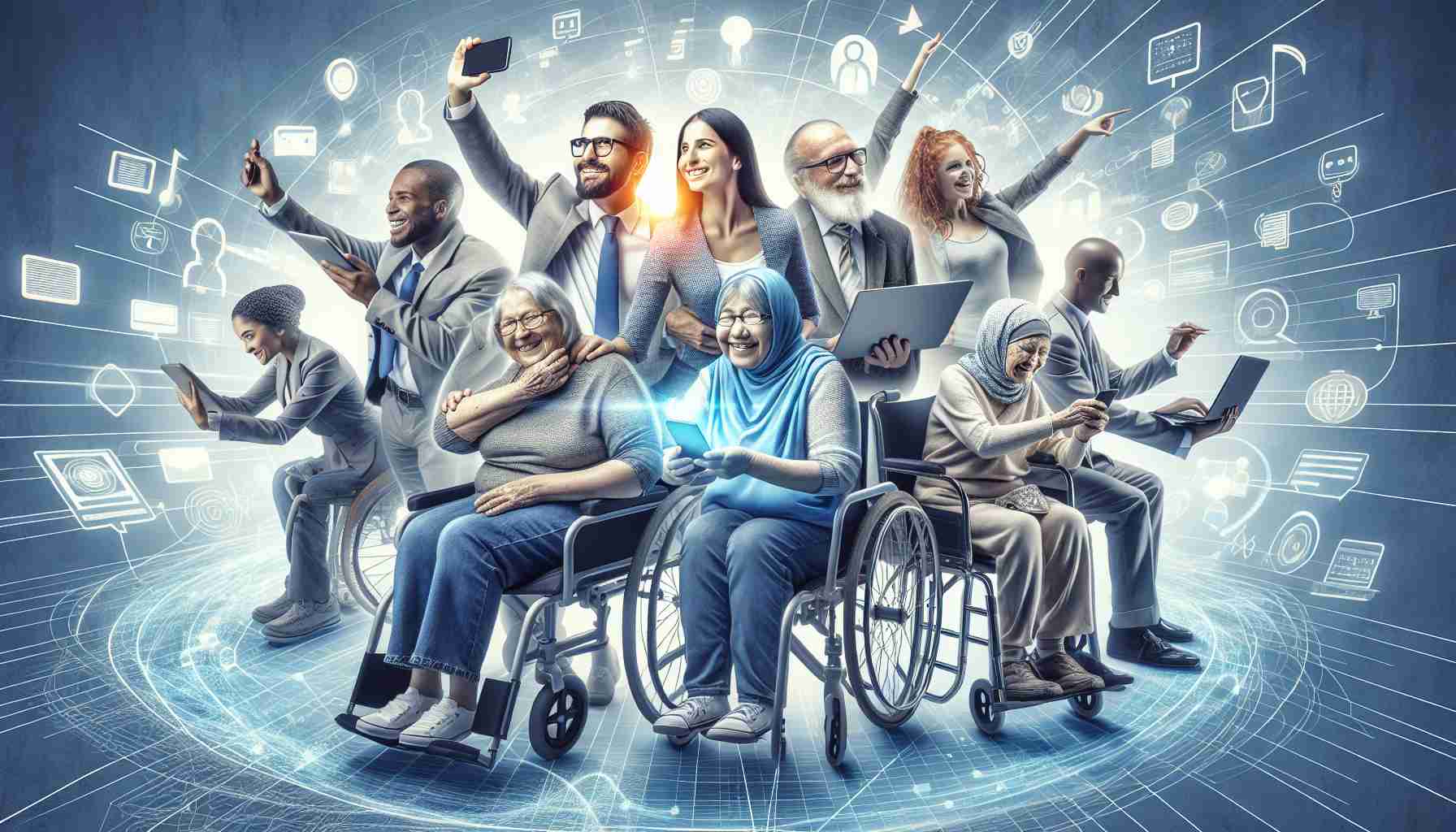 An exceptional, high-definition visual representation that showcases the advantages of Web Accessibility. Depict a dynamic and engaging scene of various individuals, including a Hispanic female IT professional, a Middle-Eastern male elderly person, a Caucasian young girl with visual impairment, and a South Asian male wheelchair user, all connected through different devices like smartphones, tablets, laptops, and special accessibility tools. They are visibly joyful and satisfied as they effortlessly navigate diverse web content, signifying the inclusiveness and ease provided by accessible web design.