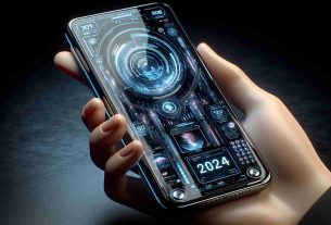 An incredibly lifelike, high-definition image of futuristic smartphones from the year 2024. These phones should showcase cutting-edge technology and be visually representative of the time period - sleek, modern and advanced, with unique designs and features that make them stand out as truly ahead of their time. The display screen should be clear, large and vibrant, portraying an evolved user interface, while the frame should be slim and light, made from premium, durable materials. The smartphones could be in someone's hand, demonstrating usability, or placed on a smooth surface reflecting their glossy finish.