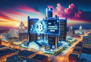 An ultra-high definition and realistic depiction that captures the technological innovation of Detroit adopting cryptocurrencies for taxation. The image portrays the cityscape of Detroit featuring high-rise buildings against the vibrant evening sky. The centerpiece of it is a large digital billboard displaying a cryptocurrency logo and a hover-text of 'Tax Payments Accepted here', symbolizing the city's groundbreaking transition. This visually sums up the powerful alliance between technology and administration working in sync for a progressive future while keeping the essence of the city intact.