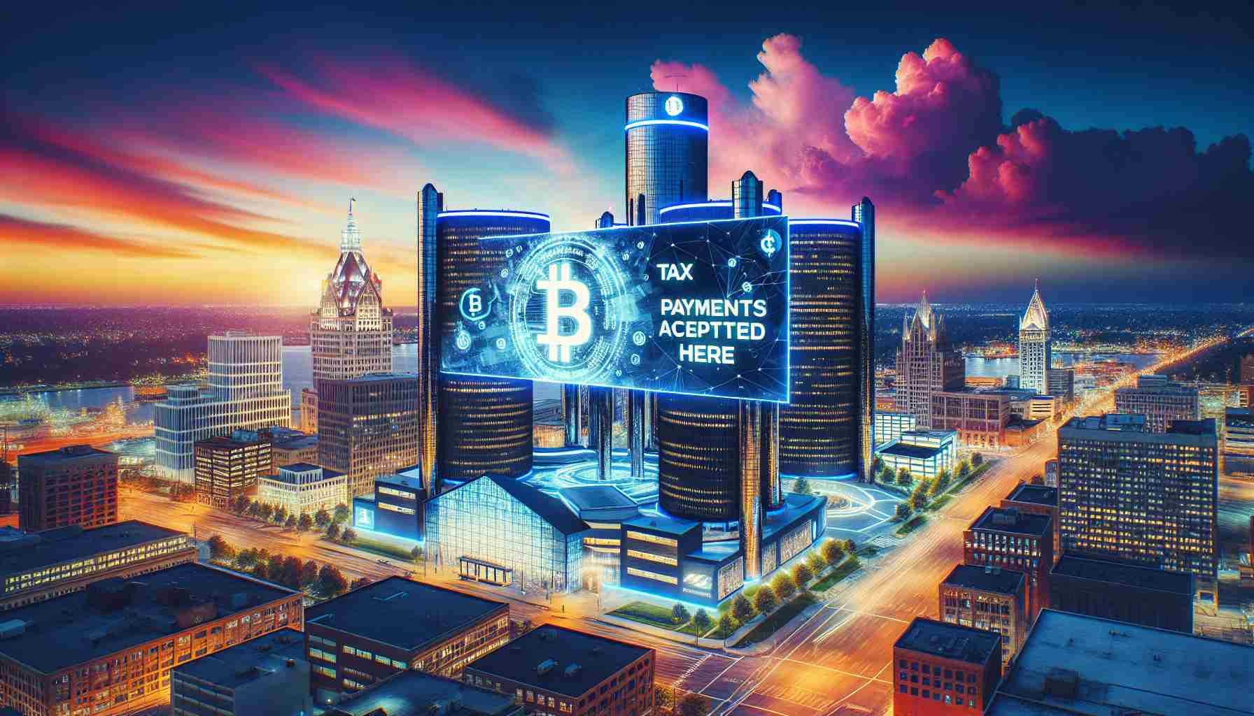 An ultra-high definition and realistic depiction that captures the technological innovation of Detroit adopting cryptocurrencies for taxation. The image portrays the cityscape of Detroit featuring high-rise buildings against the vibrant evening sky. The centerpiece of it is a large digital billboard displaying a cryptocurrency logo and a hover-text of 'Tax Payments Accepted here', symbolizing the city's groundbreaking transition. This visually sums up the powerful alliance between technology and administration working in sync for a progressive future while keeping the essence of the city intact.