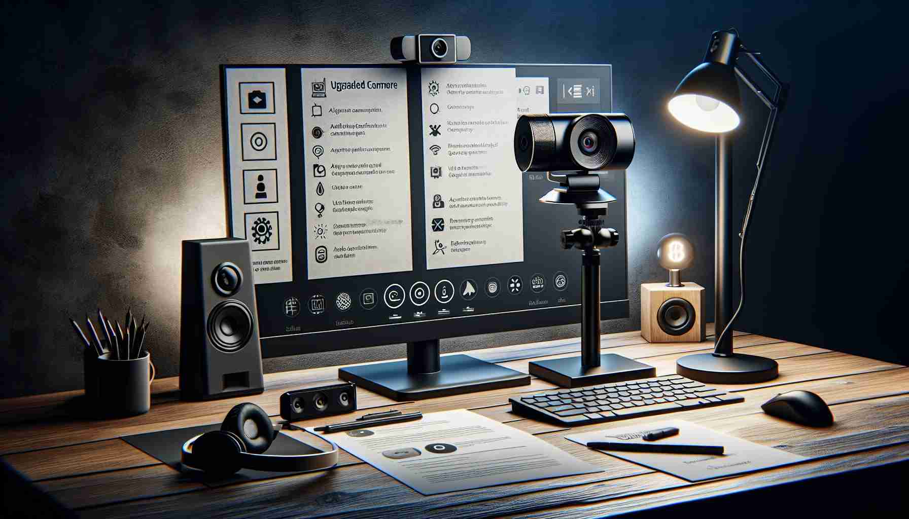 A high-definition, detailed and realistic image showcasing a upgraded video conference setup. The setup includes a high-quality webcam positioned optimally for clear visibility, a microphone with superior sound quality for ensuring clear communication, and proper lighting setup. There are also notes of simple tips for improving the video conference experience, such as adjusting camera angle for better framing, using headphones to reduce echo, and background considerations for a professional appearance.