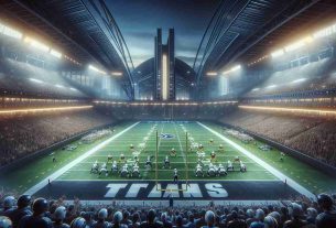 A highly detailed, realistic image showcasing two professional American football teams, referred to as the 'Titans' and the 'Chargers', engaging in an intense game at a grand and imposing stadium. The stadium, known for its modern and jaw-dropping architecture, is filled with frenzied fans, their faces a mixture of anticipation and exhilaration. Lights from all around the stadium illuminate the field, casting a soft glow on the players. The action is in full swing, with every player demonstrating peak athleticism and unwavering determination to secure victory for their respective teams.