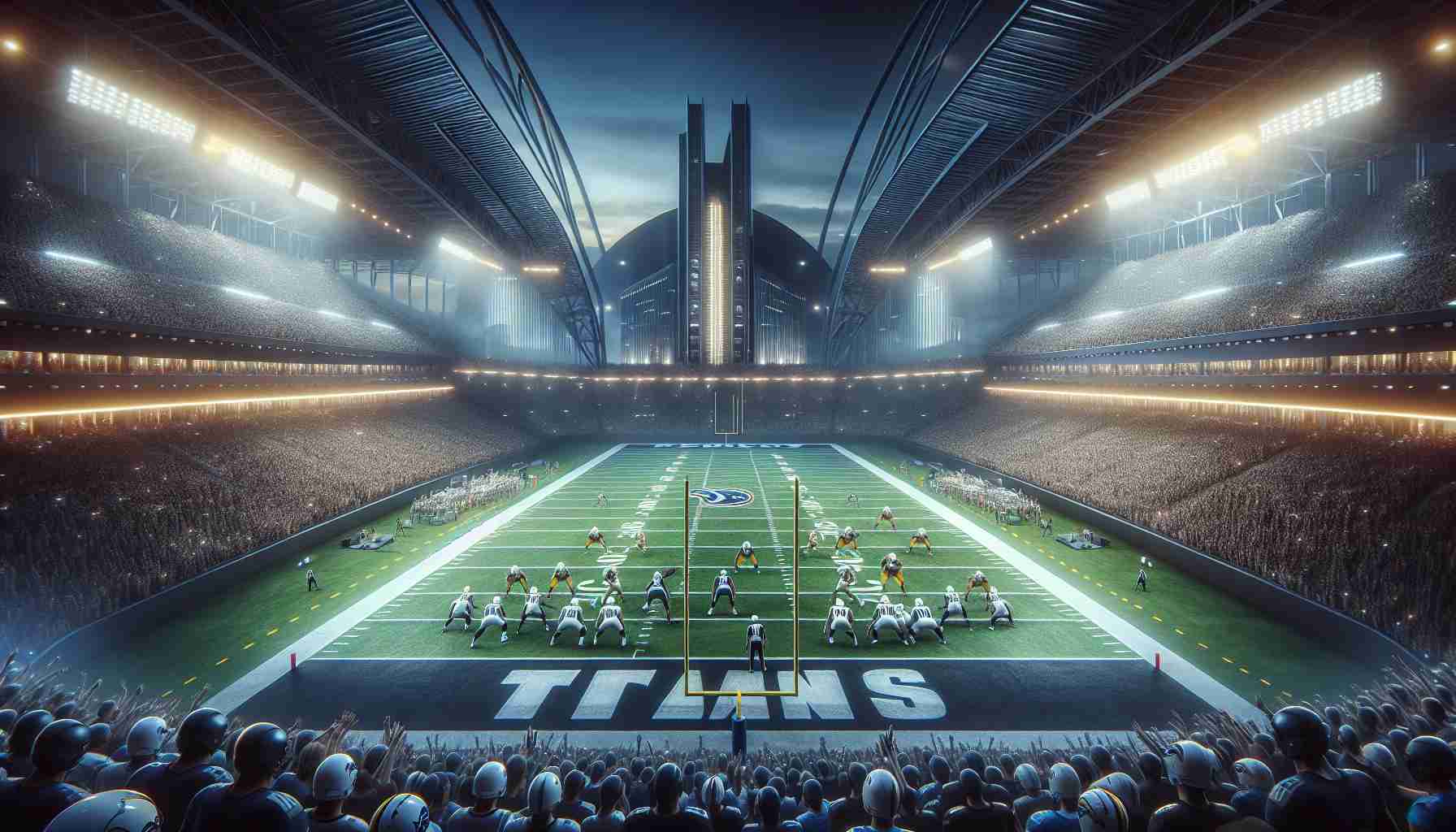 A highly detailed, realistic image showcasing two professional American football teams, referred to as the 'Titans' and the 'Chargers', engaging in an intense game at a grand and imposing stadium. The stadium, known for its modern and jaw-dropping architecture, is filled with frenzied fans, their faces a mixture of anticipation and exhilaration. Lights from all around the stadium illuminate the field, casting a soft glow on the players. The action is in full swing, with every player demonstrating peak athleticism and unwavering determination to secure victory for their respective teams.