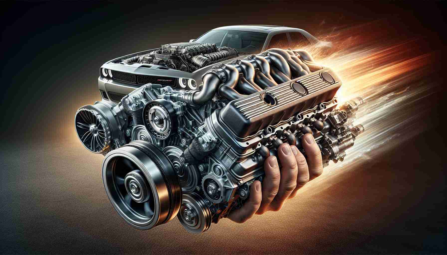 Realistic high-definition image of enhancing a vehicle's performance by swapping a 5.7 HEMI engine with a larger, 6.4 HEMI engine. The image shows the two different engines side by side for comparison, with detailed sections of the 5.7 HEMI being replaced with the components of the 6.4 HEMI. The focus is on the increased power and performance outcome of the vehicle after such a powerful upgrade.