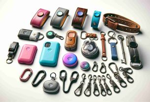 Create a high-definition, realistic image that shows various stylish methods to secure a Bluetooth tracker. Show variety in the forms of attachments, like sleek leather sleeves, vibrant silicon cases, and artisan metal carabiners. There should be different trackers, each with distinct colors and shapes. Also capture innovative placements such as on a collar of a pet, attached to a set of keys, or elegantly tucked inside a purse.