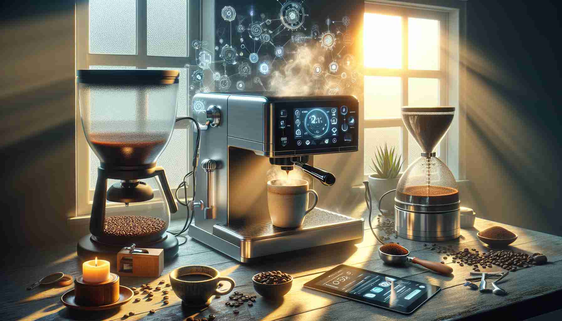 Generate a detailed and realistic high-definition image showing a morning scene involving innovative coffee essentials. Display a fresh, steaming cup of coffee made by a modern, high-tech coffee maker. Incorporate other essentials like a precision grinder and an artisanal ceramic mug. Capture the rising sun flowing through the window, illuminating the complex coffee-making process.