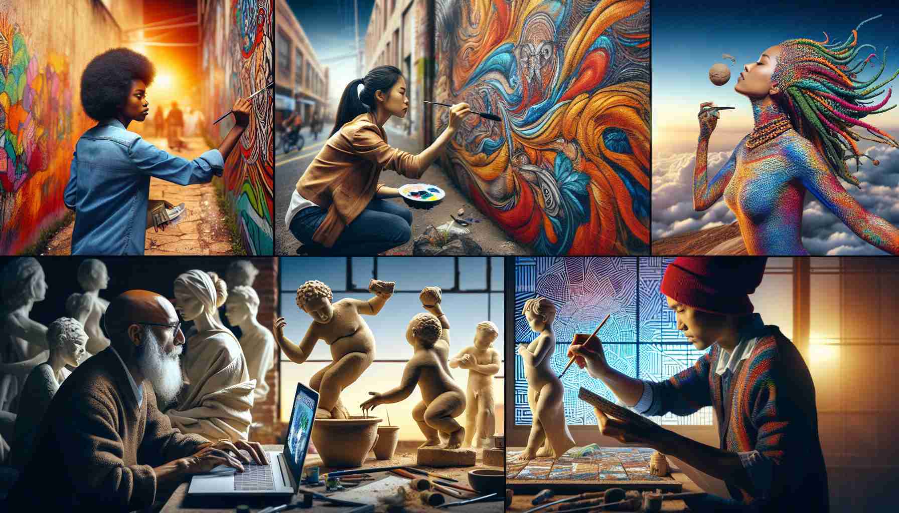 Generate an HD image that reflects the concept of artistic empowerment through creative innovation. This visual should depict a montage of scenes that show diverse artistic activities taking place. Highlight an African artist painting vibrant graffiti on an urban wall, a Caucasian sculptor passionately shaping clay into a beautiful statue, an Asian woman creating intricate digital art on her computer, and a Middle-Eastern man crafting a complex mosaic pattern. All should be engaged in their work, demonstrating the power of their creativity to achieve new heights of innovation in their respective artistic fields.