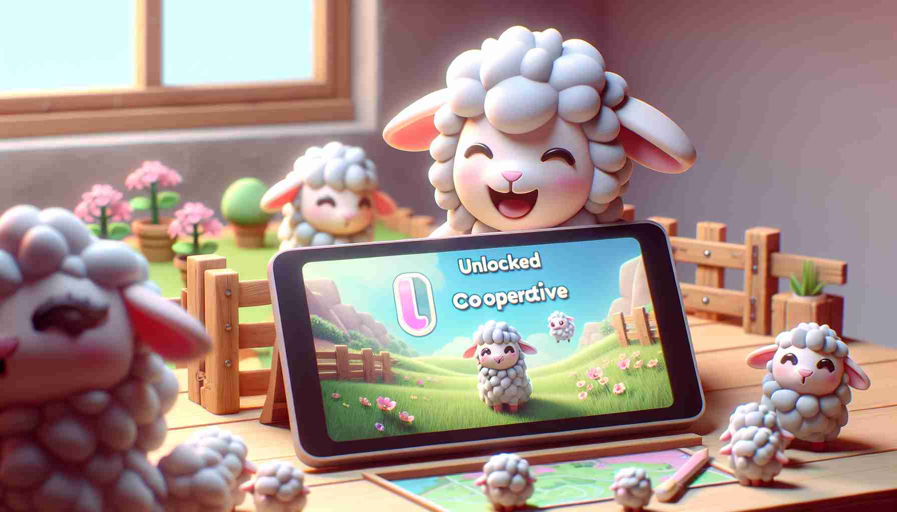 High-definition realistic image showcasing an unlocked level of joy and amusement. The scene portrays the co-operative gameplay mode in a non-specific creative game that carries an aesthetic similar to charming, whimsical lamb-themed games.