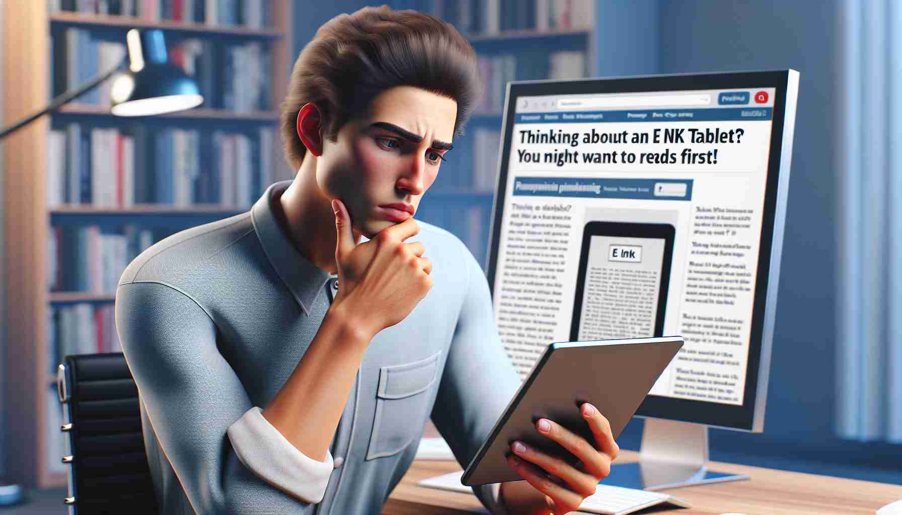 High-definition realistic image featuring a person thoughtfully considering purchasing an E Ink tablet. They are seated at a desk, reading an informative article on their computer titled 'Thinking About an E Ink Tablet? You Might Want to Read This First!'. Facial expressions and body language indicating contemplation. Background can include a well-lit modern study room.