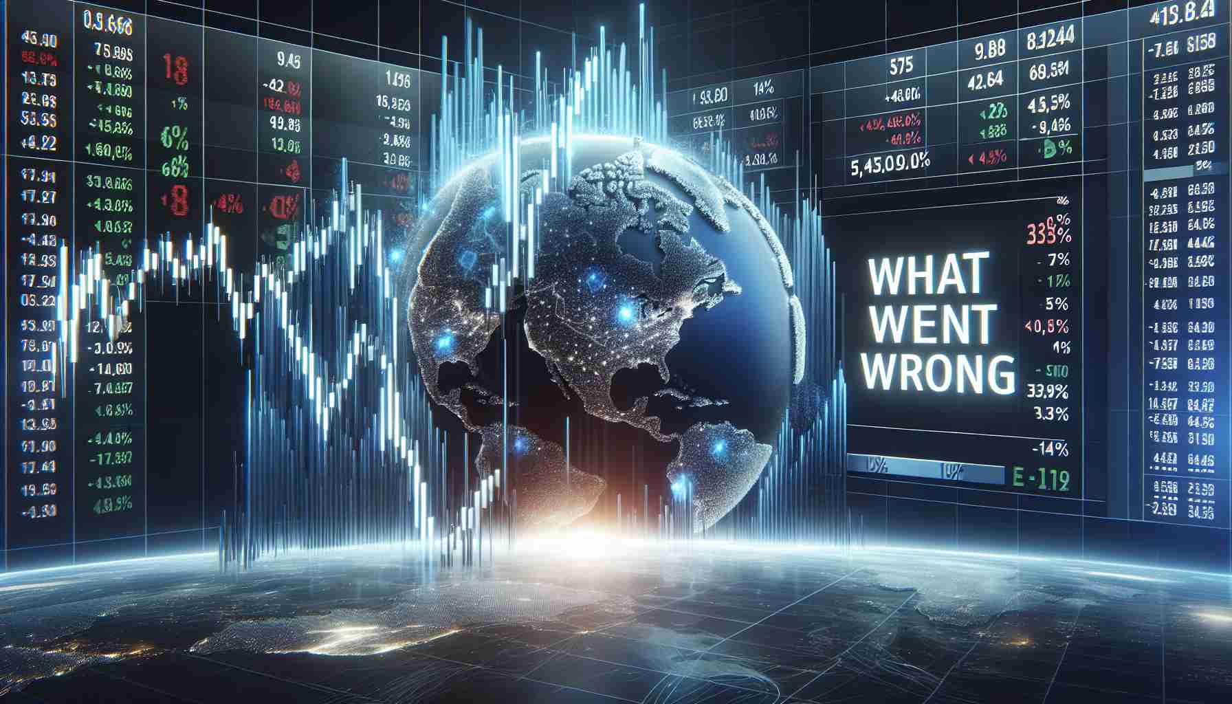 A high-definition, realistic image of a stock market scene showing a massive drop in numbers and percentage. The chart displays sharp declines symbolizing a serious financial setback. In the background, there is a question text 'What went wrong?' implying a significant business event. The image does not reference any specific company.