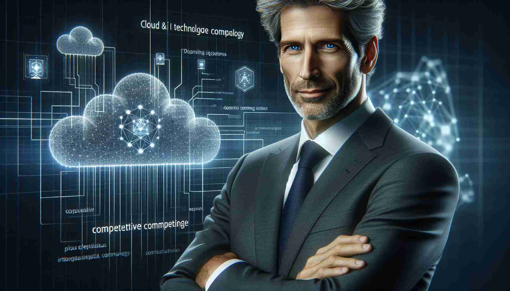 Realistic HD image of the CEO of a large cloud and AI technology company, emphasizing the competitive edge in the market. The CEO is a middle-aged Caucasian man, with salt-and-pepper hair, wearing a professional suit and tie, confidently overseeing a digital visualization of cloud computing systems and artificial intelligence networks.