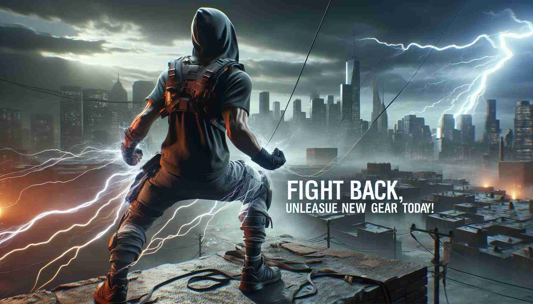 A high-definition, realistic depiction of an individual defiantly standing up against unseen control. They are equipped with new, high-tech gear, full of strength and determination. The scenery is filled with tension, the air crackling with anticipation as they gear up for a symbolic battle. The phrase 'Fight Back, Unleasure New Gear Today!' is boldly displayed in the skyline.