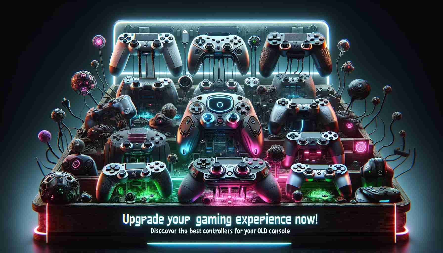 A high-definition, detailed and hyper-realistic image showcasing a variety of innovative gaming controllers. These controllers, specially designed for an OLED portable gaming console, are arranged in an exciting display that encapsulates the spirit of advanced gaming. Text overlays saying 'Upgrade Your Gaming Experience Now! Discover the Best Controllers for Your OLED console'.