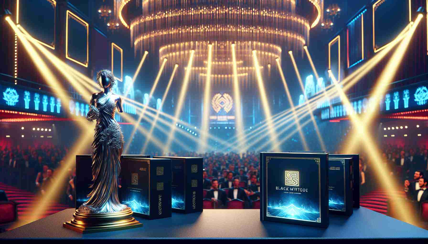 High-definition, realistic portrayal of an awards ceremony for video games where a particular game titled 'Black Myth: Wukong' barely received recognition. The setting is filled with anticipation and shock among the viewers. Use bright lights and vivid colors to represent the glamorous atmosphere of the event. Show software boxes with unidentifiable designs on an awards table. Create an air of confusion and disappointment, provoking the question: Did 'Black Myth: Wukong' deserve more acknowledgement and appreciation?