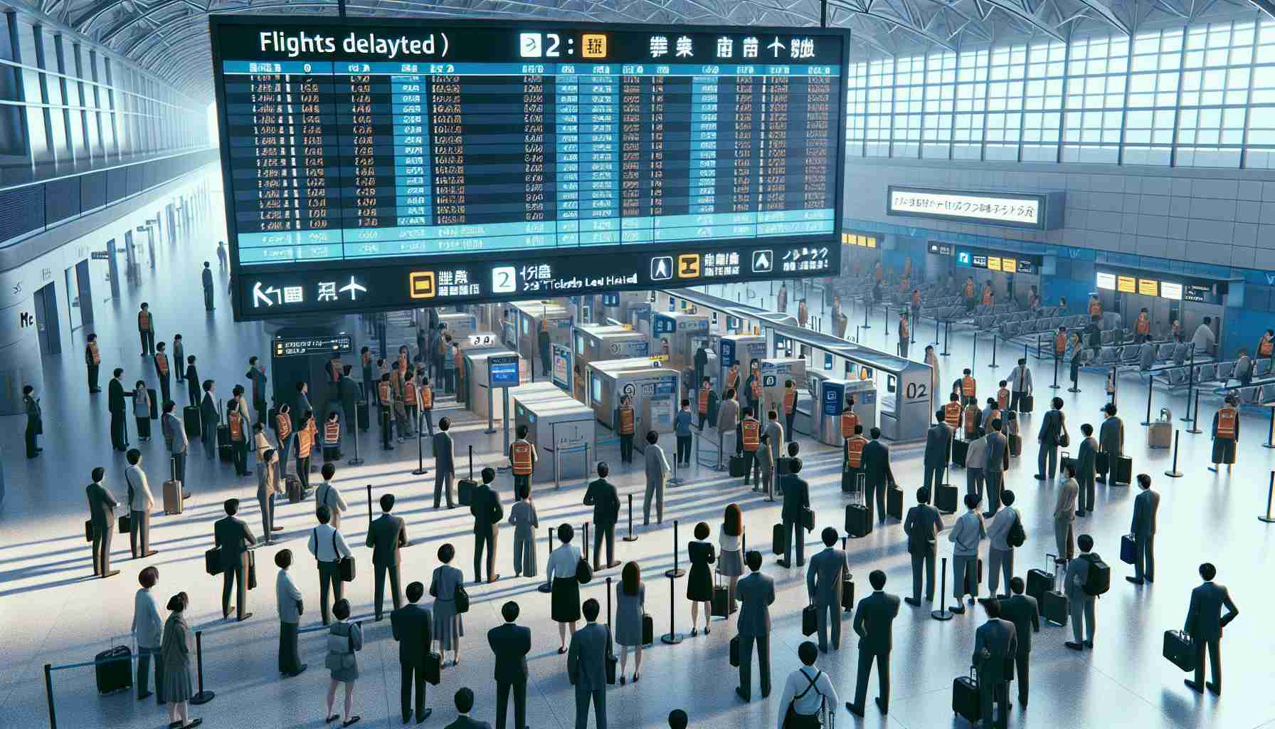 High-resolution image portraying a major disruption at an airport in Japan. The scene displays halted ticketing counters and the signboards indicating delayed flights. Commuters looking anxiously at the departure schedule. Employees trying their best to manage the situation and calm passengers. An information LED display showing 'Flights Delayed and Tickets Halted'.