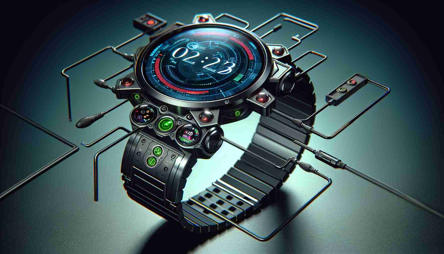 A high-definition, highly realistic image of a futuristic gaming watch. The watch should display unique design features that suggest it can revolutionize the way games are played. It should be full of technologically advanced features, like a high-resolution screen, touch interface, multiple buttons for gameplay control, and an aesthetically pleasing, comfortable band. The overall design and features of the watch should provoke curiosity and excitement, empathizing on the innovation it brings in gaming industry.