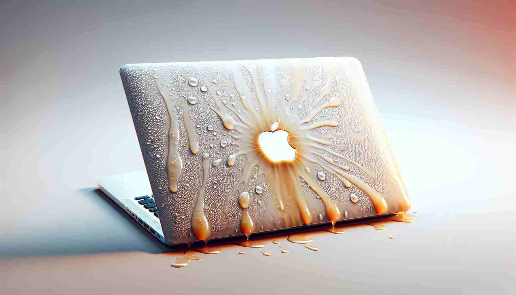 Realistic HD image representing a surprising discovery: A MacBook computer displaying signs of 'perspiration', metaphorically suggesting an overheating or intense workload. The MacBook should be shown against a neutral background, with a few droplets of sweat-like moisture visible on its surface indicating stress and overload.