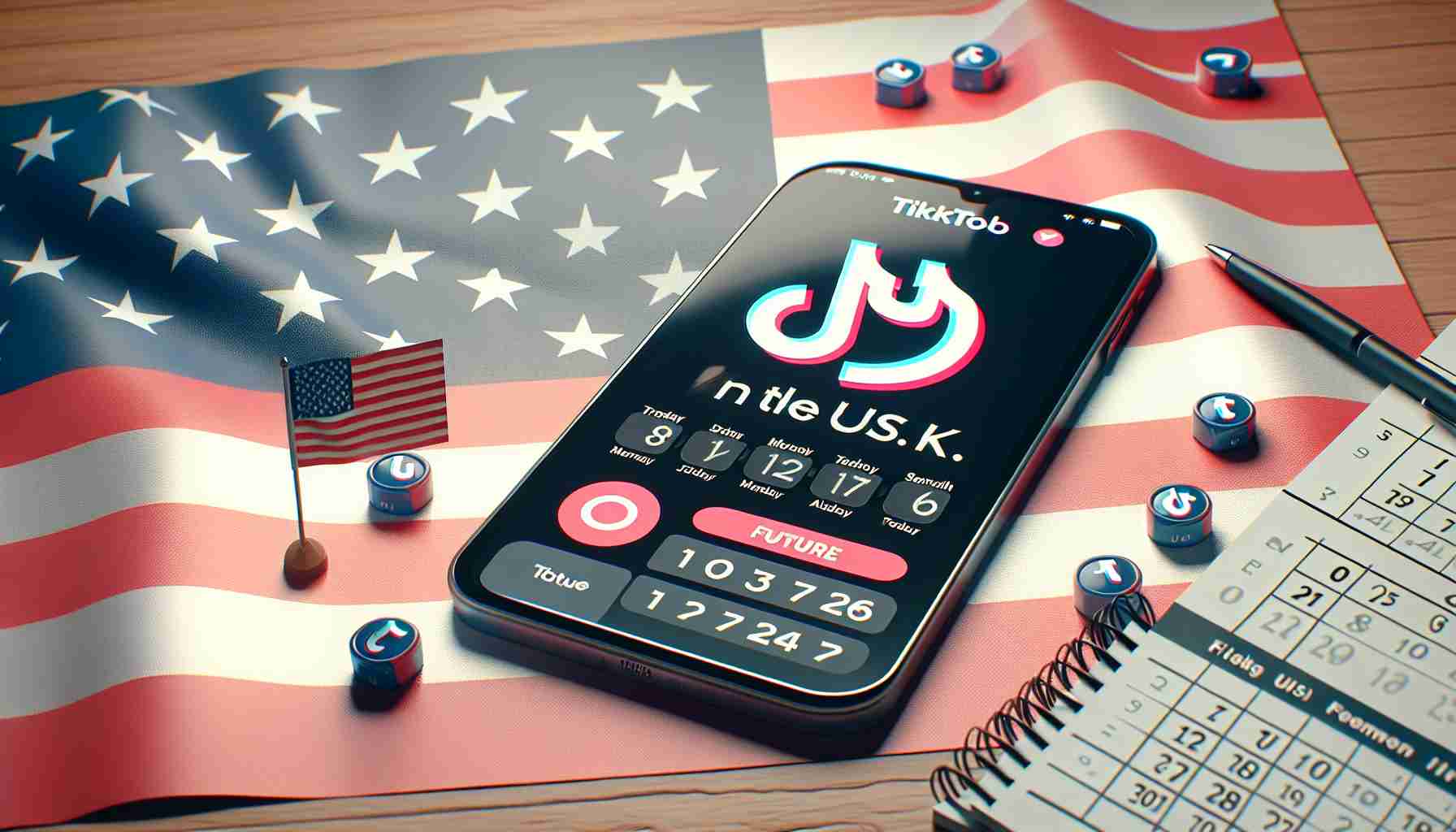 Create a HD image that visually depicts the concept of 'TikTok's future in the U.S.'. This image should capture elements like a mobile device displaying the TikTok app's interface, a calendar showing future dates, and the U.S. flag in the background to signify the app's future presence in the country. Make the image as realistic as possible.