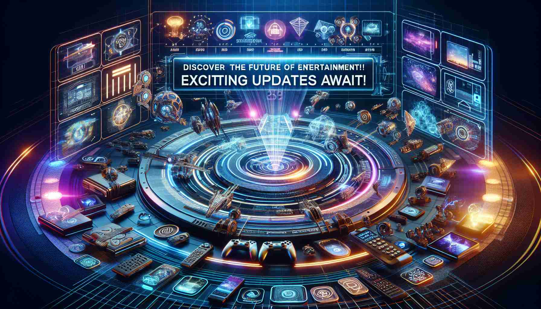 Generate a realistic HD image representing the future of entertainment with a backdrop of exciting updates from a generic technology conference in 2025. The image should depict innovation utilizing state-of-the-art technology showcased in futuristic entertainment media like interactive VR glasses, advanced gaming consoles, holographic displays, and more. Include a banner that reads 'Discover the Future of Entertainment! Exciting Updates Await!'