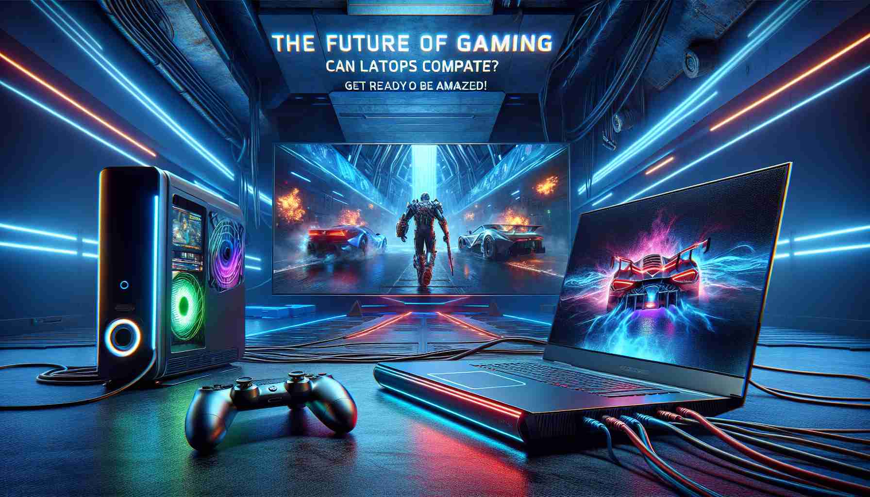 A highly detailed, realistic image of the future of gaming. There's a sleek, powerful gaming laptop on one side, its screen radiating with vibrant colors of an advanced, immersive game. Nearby, there's a high-end gaming console, wires tethering it to a big flat-screen TV which displays a competitive e-sport match. The environment is drenched with ambient blue and neon lightings. Text inscribed at the top of the scene says: 'The Future of Gaming: Can Laptops Compete? Get Ready to Be Amazed!'