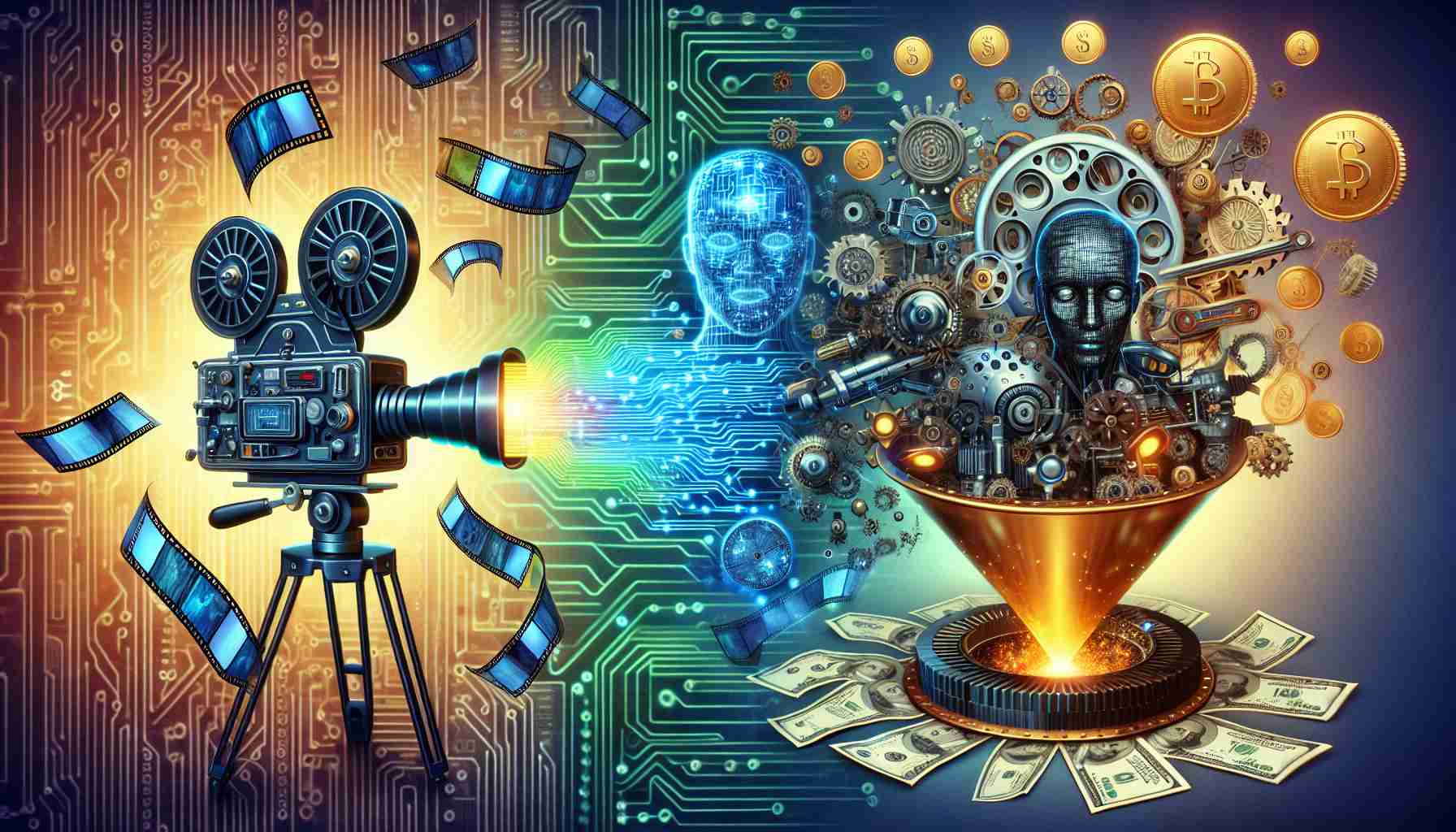 Generate an illustrative scene representing the concept of a significant investment boosting artificial intelligence capabilities for revolutionizing video content. The scene should ideally depict a juxtaposition of traditional film production with futuristic AI technology. One side can show a classic film reel, an old-fashioned camera. On the other side, portray advanced AI elements, like circuits, gears, neural networks, or robotic camera technology. The middle can depict a flow of investment, like currency notes or gold coins pouring into a high-tech funnel, symbolizing increased funding into these AI advancements. Make it high-definition and photo-realistic.