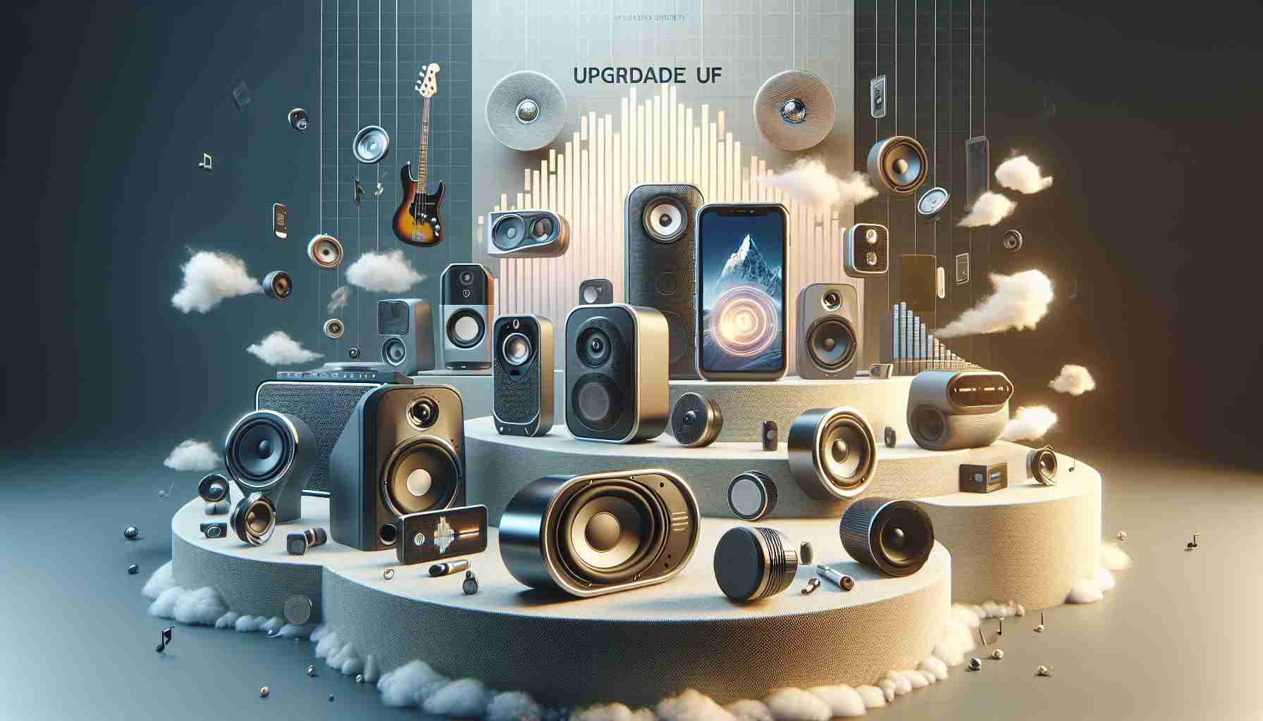 A high-definition, realistically rendered image of a conceptual scene promoting the upgrade of sound experience. The scene includes several different types of portable speakers showcasing various features and capabilities. They are portrayed in such a way that it invites the viewer to discover and understand their potential. The composition implies advanced sound technology and high-quality production values.