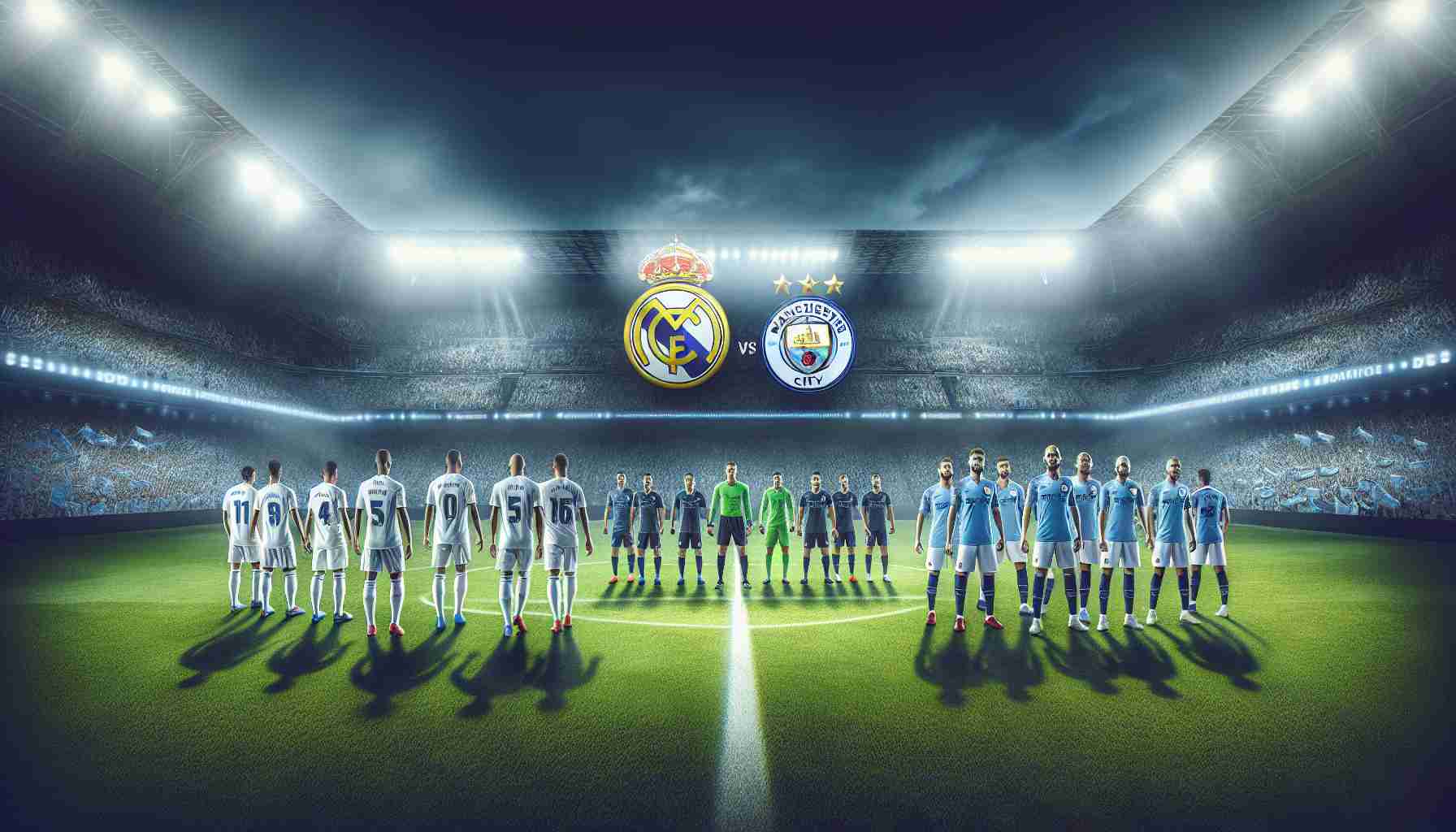 Generate a realistic HD image of a high stakes soccer match. It showcases the showdown between two internationally renowned football teams. The left side of the image represents a team in pristine white uniforms, emblematic of Real Madrid. The right side displays a team in sky blue attires, signifying Manchester City. The tension and excitement in the air are palpable as the stage is set for a legendary clash. The lush green field, floodlights, stadium packed with eager fans, and the two squads' intimidating formation further accentuate the impending face-off.