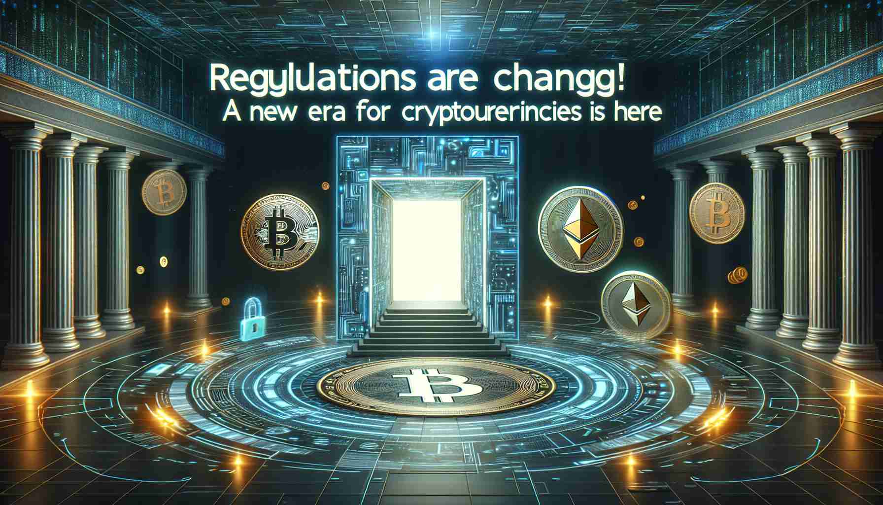 High-definition image designed in a realistic style representing the theme 'Regulations are Changing! A New Era for Cryptocurrencies is Here'. The scene can include various symbolic elements representing change, like a turning point or a doorway marked with futuristic digital patterns. It might also showcase graphics of cryptocurrency coins such as bitcoin and ethereum, with an emphasis on them stepping into a new era marked by techno-style gates or stages, perhaps. Text headlines stating 'Regulations are Changing' and 'A New Era for Cryptocurrencies is Here' imposed aesthetically in the scene boosts the intended message.