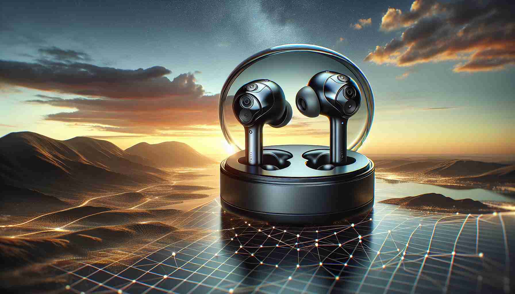 High-resolution image showcasing innovative wireless earbuds situated against a beautiful horizon backdrop. The earbuds are designed with a sleek and modern look, incorporating the latest technological advancements. They possess unique features like incorporated cameras, suggesting their ability to capture images or videos, creating a blend of audio and visual experiences.