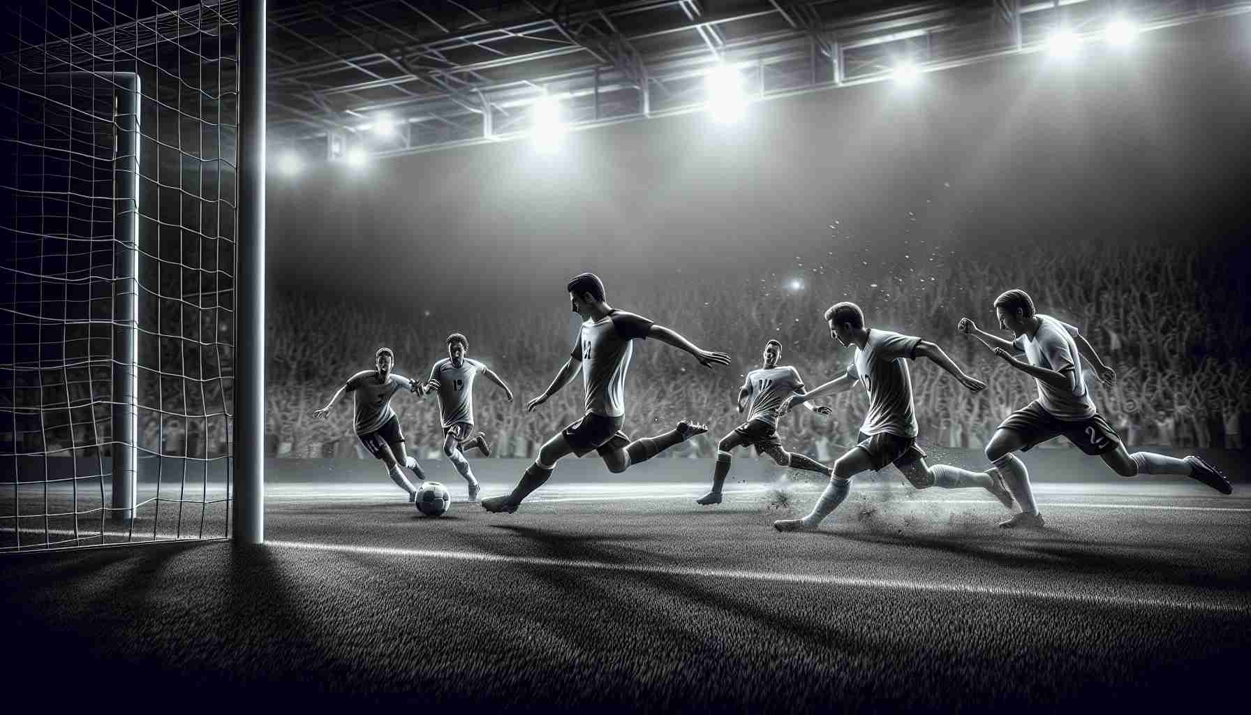 A highly detailed, realistic image of an intense football match highlighting a dramatic comeback. The image should capture the thrill and excitement of the sport with players from different descents and genders, showcasing their agility and determination. The tension should be palpable, capturing the moment right before a game-changing goal, with the suspense-filled audience in the background.