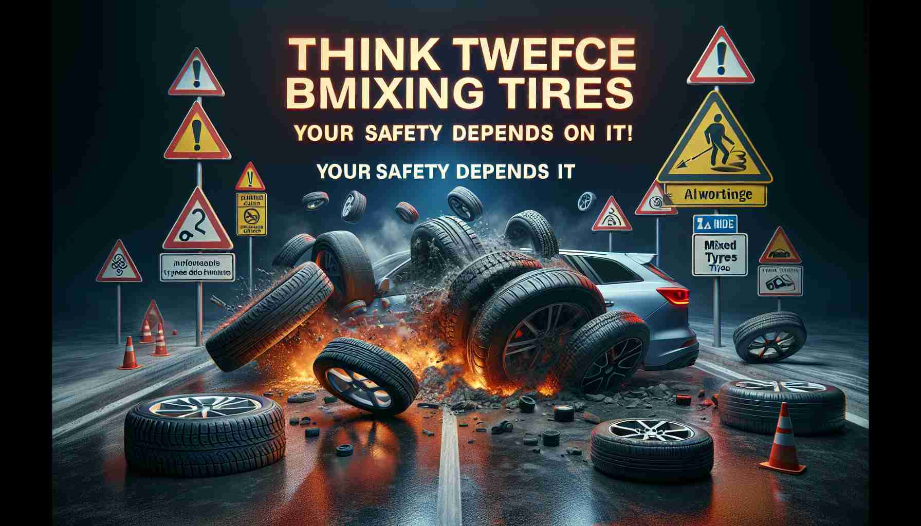 High-definition, realistic imagery of a situation indicating the importance of not mixing different types of tires on a vehicle. The scene could display a car experiencing tire failure or adverse handling due to mixed tires, with various warning and safety signs all around to emphasize the potential dangers involved. The phrase 'Think Twice Before Mixing Tires! Your Safety Depends on It' should appear prominently, serving as a stern reminder of the potential risks.