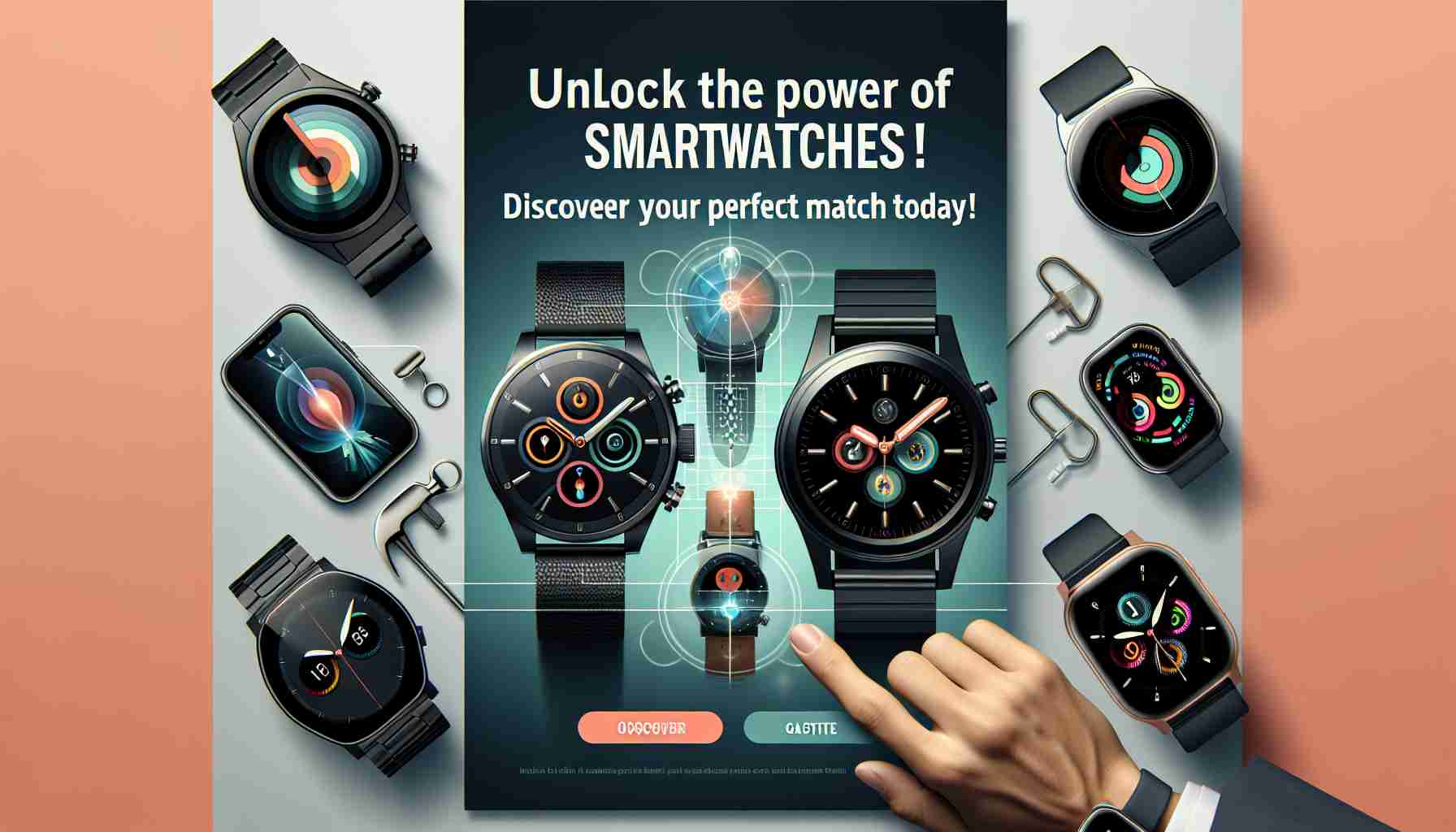 Create a beautiful and detailed poster in high resolution promoting the benefits and features of smartwatches. The poster should have an engaging tagline that reads, 'Unlock the Power of Smartwatches! Discover Your Perfect Match Today!' Include several different models of smartwatches showcasing their unique capabilities and aesthetic appeal.