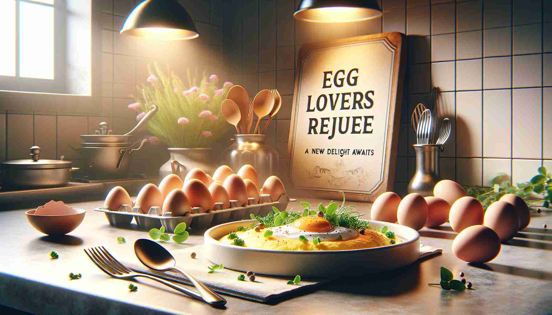 Create a high-definition, realistic image of an enticing culinary scene focused on eggs. Imagine a pristine kitchen countertop under soft, warm lighting. There rests a freshly made egg dish, perhaps omelettes or poached eggs, garnished with vibrant herbs. Nearby, utensils are neatly arranged and ready for a feast. A signboard in the background proclaims 'Egg Lovers Rejoice! A New Delight Awaits', inviting egg enthusiasts to partake in this appetising affair.