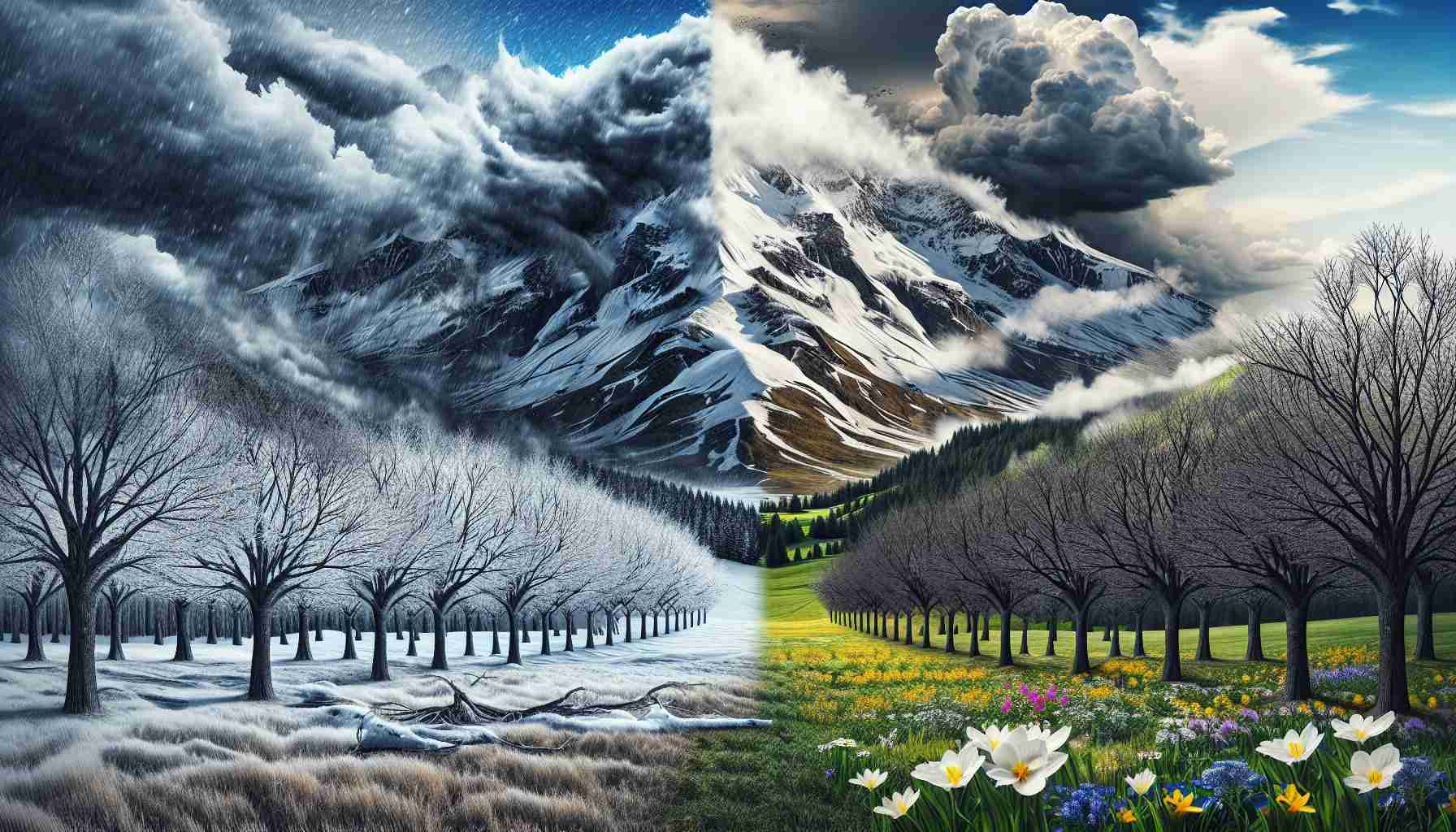 A realistic high-definition photo showing the contrast between winter and spring. The scenario involves a massive high-pressure system moving in, possibly altering the weather conditions drastically. The scene should be one half showing the remnants of winter - snow-capped mountaintops and barren trees, while the other half displays the early signs of spring - blooming flowers and green fields. The sky change depicting the onset of the massive high-pressure system makes up the dramatic element in the image