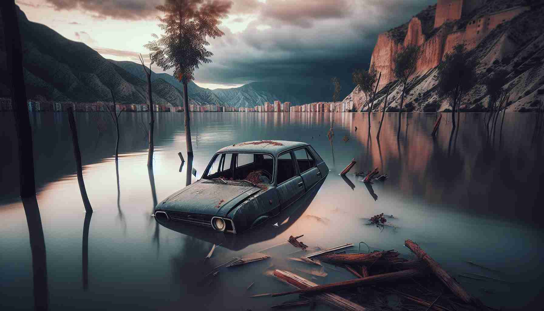 Generate a high-definition and realistic image displaying the aftermath of a devastating flood in Valencia. The scene primarily shows a solitary, abandoned car submerged in water. It is apparent that it might belong to a woman who is still unaccounted for, adding an element of mystery to the scenario. Please capture the eerie quietness and uncertainty that such a scene represents.