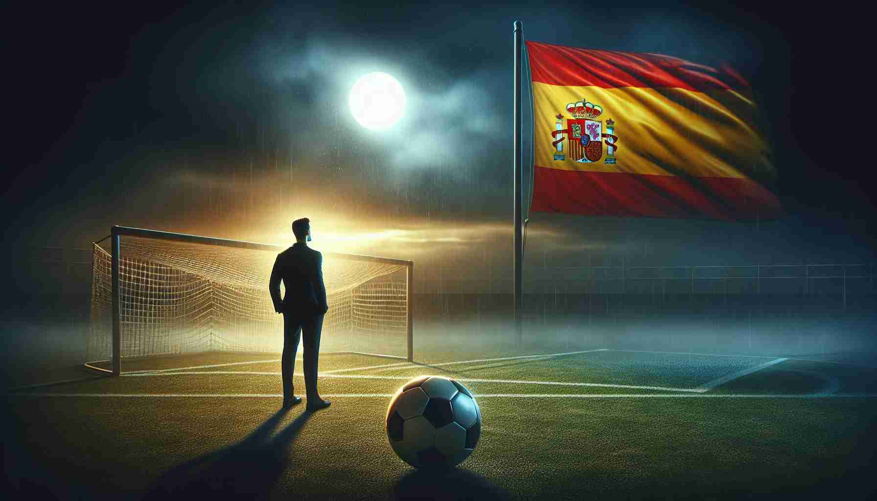 A high-definition, realistic image representing a metaphorical scenario of the dream of a young Hispanic male soccer player aspiring to play for Spain potentially fading away. The scene may include a soccer field from a distance under diminishing light, an individual standing from afar with a hopeful look towards a Spanish flag, and a soccer ball rolling away suggesting uncertainty.