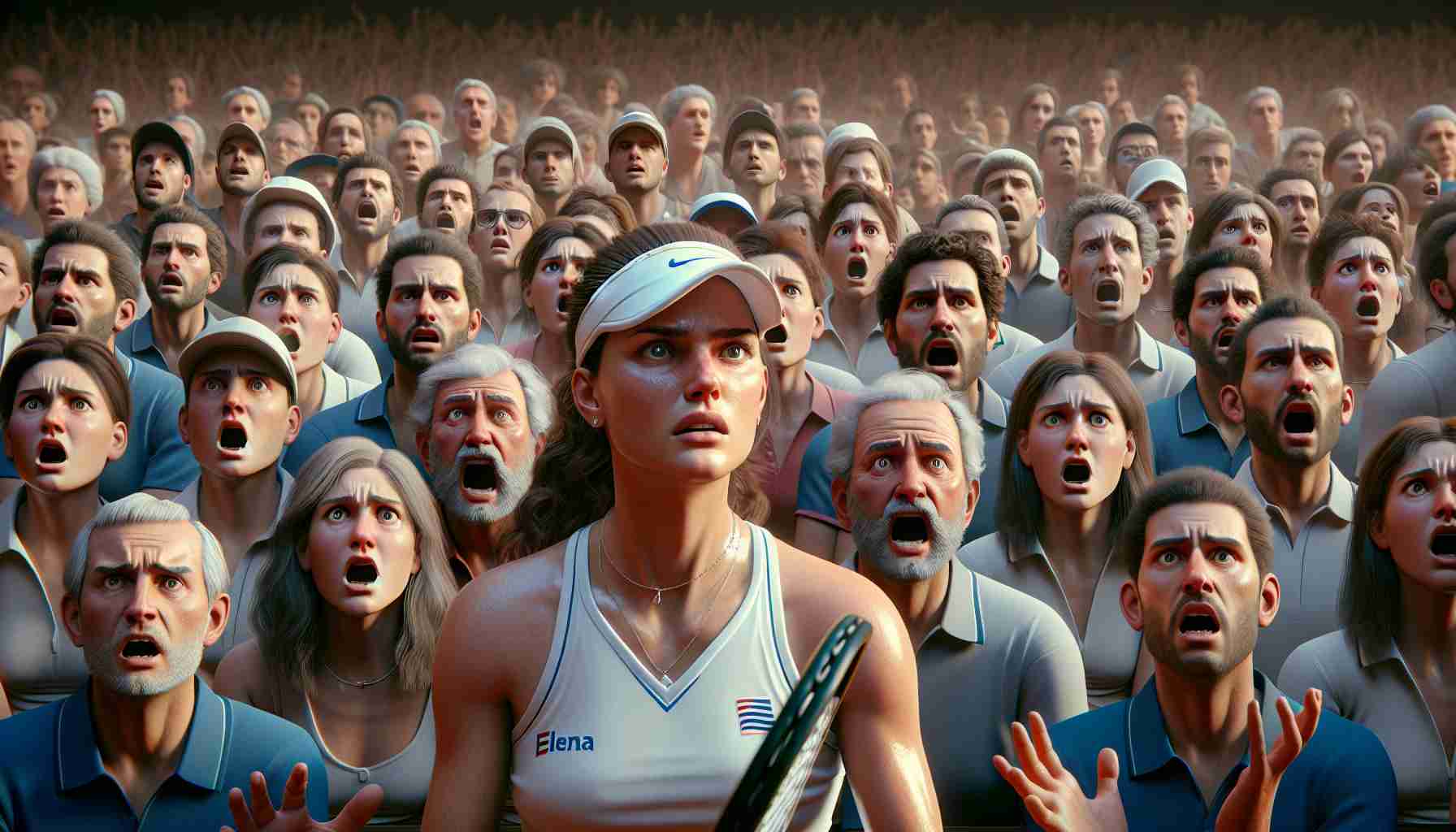 Generate a high-definition, realistic image capturing a dramatic moment in a tennis match. There is a Caucasian female player, Elena, with an anxious expression, caught amidst the heat of the game. On the other side of the court, it's evident that her coach has been banned from the game, his seat conspicuously empty. His absence has stirred controversy within the audience, as indicated by their murmurs and wide eyes. No specific individuals are depicted within the crowd. Emphasize upon the tension and the heated atmosphere in the arena.