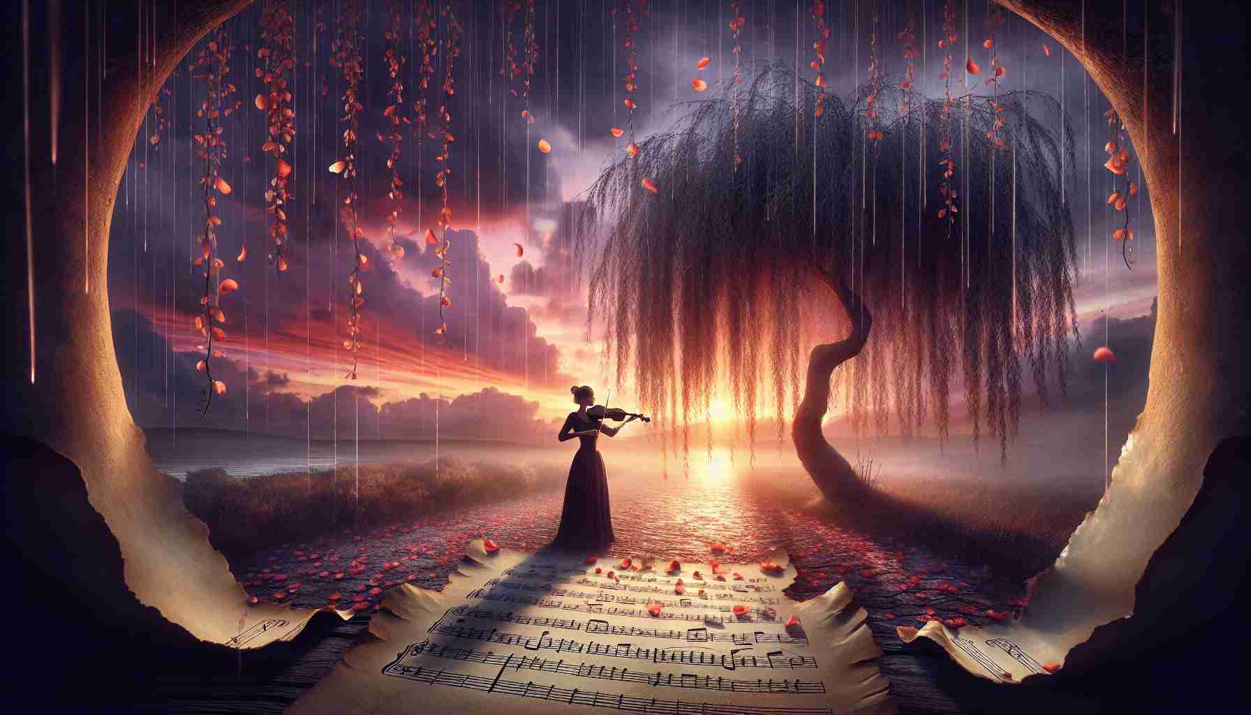 Conceptual representation of an unseen symphony of impossible loves; a solemn occasion for the brokenhearted. Imagine a solitary instrumentalist, perhaps a South Asian woman playing the violin, standing under a weeping willow tree that rains petals instead of leaves. Parchment scrolls with music notes gently floating around her, visualizing the melody of her music. A poignant sunset, painting the scene with hues of purples and oranges in the background. The setting should carry the essence of both hope and melancholy, well-suited to the theme of a day for those with aching hearts.